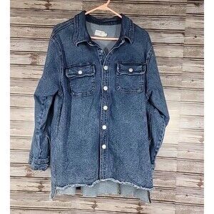 Terra & Sky Shacket Shirt Jean Jacket Women's 0X 14W Blue Denim Frayed Hem